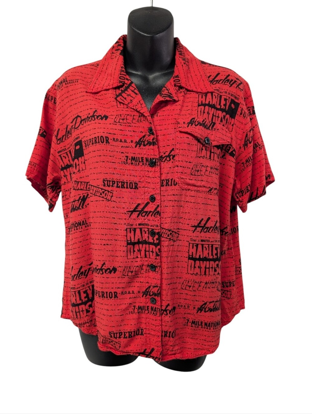 Harley-Davidson Red All Over Print Button Up Shirt Women's Size L 100% Rayon